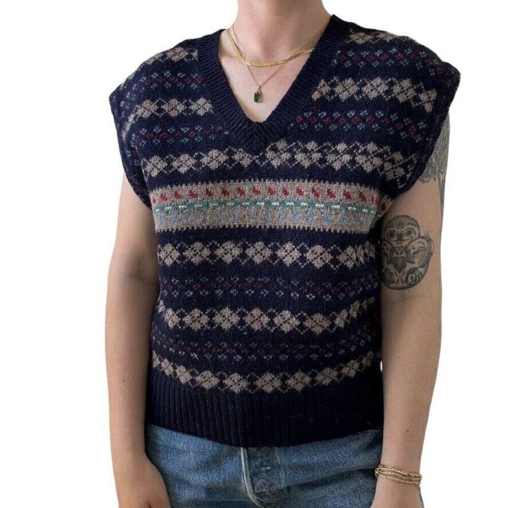 Vintage 1990s Womens The Villager Shetland Wool Preppy V Neck Sweater Vest Sz L